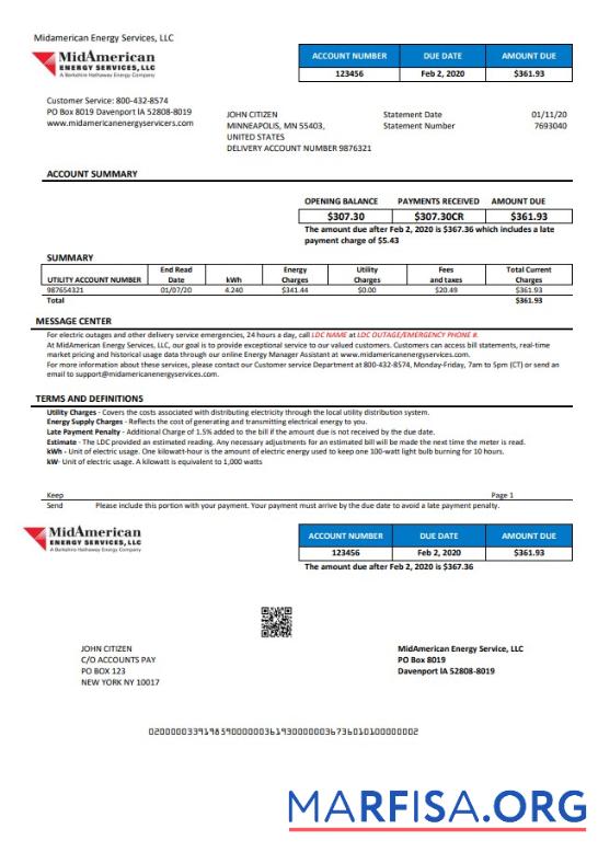 Blank USA Iowa MidAmerican Energy Services utility bill template in Word and PDF format